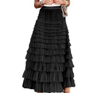 Long Tulle Skirt Black Trendy High Waisted A Line Fluffy Fairy Mesh Layered